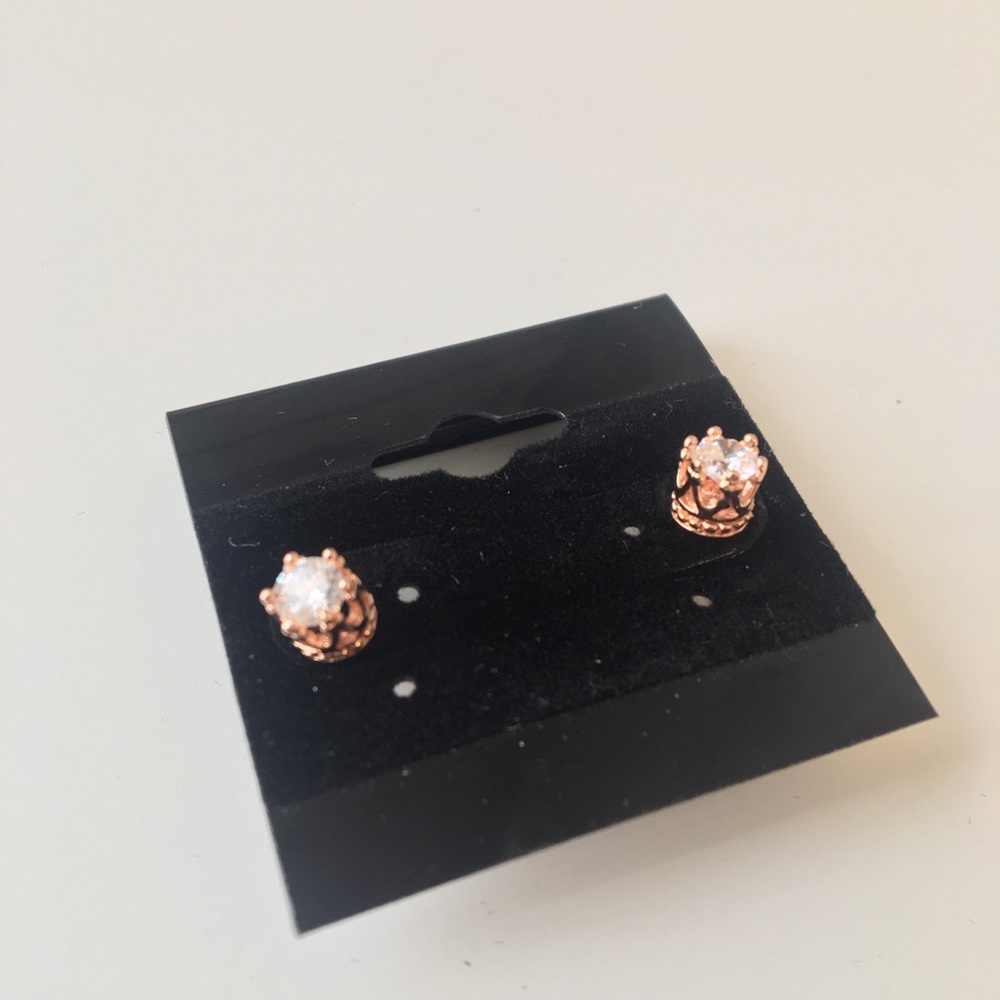 Crown earrings 14K rose gold plated CZ stud - Picture 2 of 8